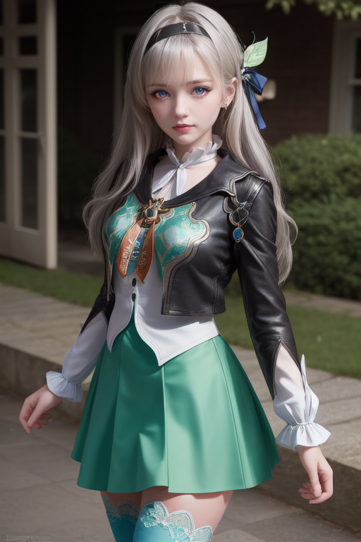 00382-1131657219-1girl, solo,grey hair, long hair,hair ornament,black hairband, blue eyes, long sleeves, green skirt,green thighhighs, looking at.png